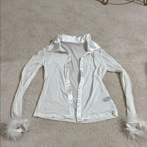 SHEIN White Satin Blouse with Feather Cuffs